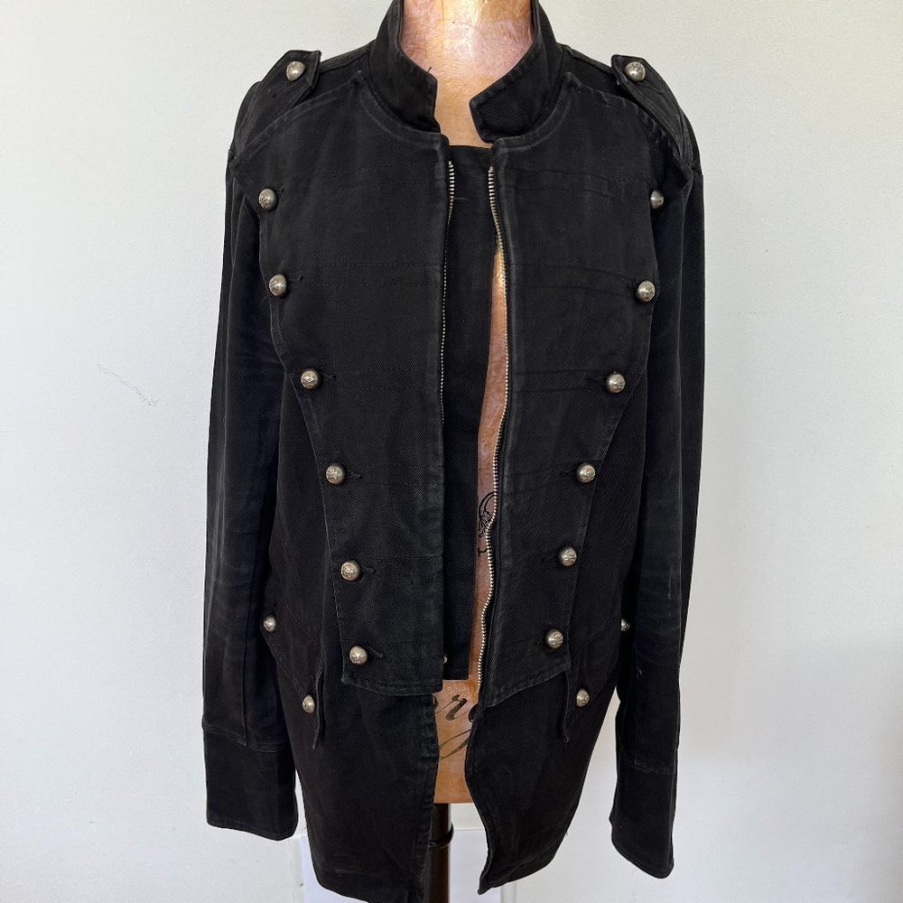 Black Denim Military Style Jacket, Size L
